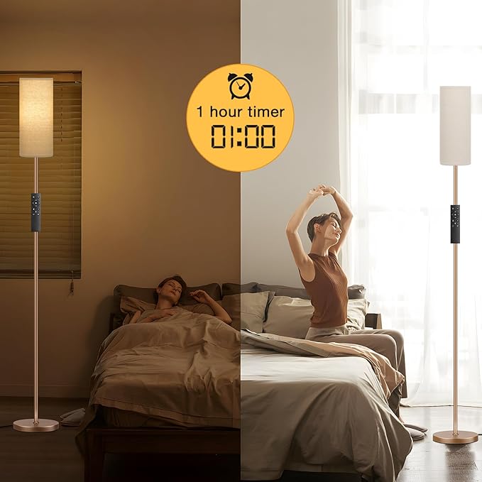 Ambimall 64'' Floor Lamps for Living Room with Remote Control and Stepless Dimmable Colors Temperature & Brightness, 9W Bulb Included(Beige Lampshade & Brown Pole) - LeafyLoom