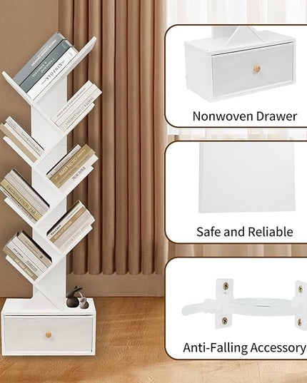 8-Tier Bookshelf Tree Bookshelf Book Tree with Drawer Wooden Bookshelves Storage Rack for CDs/Books, Shelves for Bedroom, Living Room & Office (White) - LeafyLoom