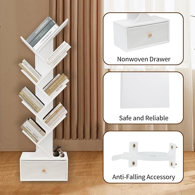 8-Tier Bookshelf Tree Bookshelf Book Tree with Drawer Wooden Bookshelves Storage Rack for CDs/Books, Shelves for Bedroom, Living Room & Office (White) - LeafyLoom