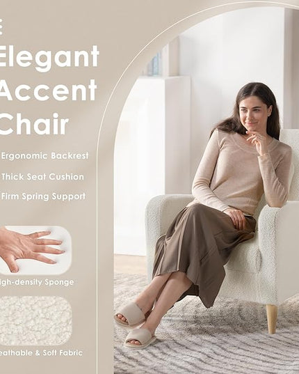 COLAMY Sherpa Accent Living Room Chairs Set of 2, Upholstered Fabric Armchair Reading Side Chair, Single Sofa with Back Pillow and Wood Legs, Cream - LeafyLoom
