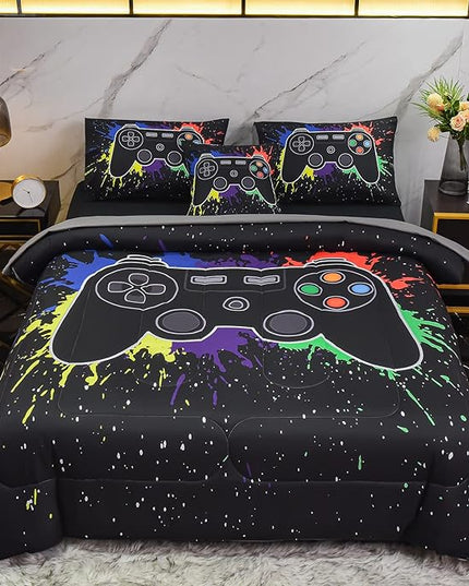 6Pcs Gamer Comforter Set with Sheets for Boys Girls Kids Teens, Colorful Graffiti Gaming Themed Bed in A Bag Full Size, Black 3D Video Game Controller Bedroom Decor Bedding Set - LeafyLoom