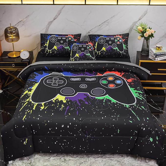 6Pcs Gamer Comforter Set with Sheets for Boys Girls Kids Teens, Colorful Graffiti Gaming Themed Bed in A Bag Full Size, Black 3D Video Game Controller Bedroom Decor Bedding Set - LeafyLoom