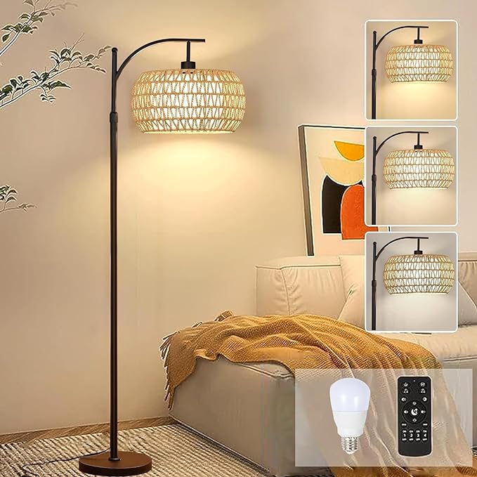 Floor Lamp for Living Room Bedroom Boho Rattan&Fabric Arc Standing Lamp with Remote Dimmable Black Farmhouse Wicker Bamboo Lamp Shade Floor Light Tall Lamp Industrial Floor Lamps Bohemian Decor - LeafyLoom