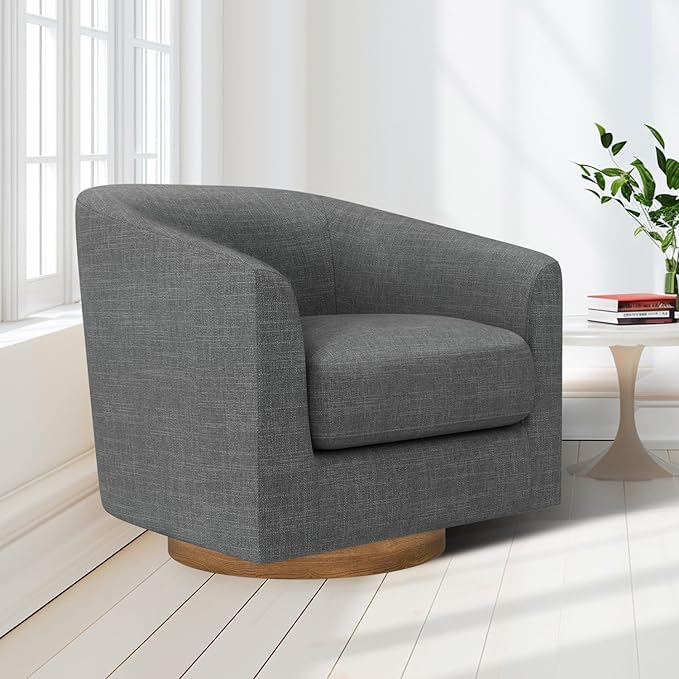 MUUEGM Accent Chair with Arms, 360 Degree Swivel Accent Chair with Wood Base, Modern Barrel Chair for Living Room, Bedroom, Waiting Room, Fully Assembled,Performance Fabric in Dark Grey - LeafyLoom