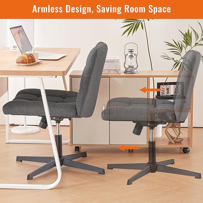 Furniliving Criss Cross Wide Chair, Comfy Legged Desk Chair No Wheels Armless Modern Swivel Chair with Mid Back, Height Adjustable Wide Seat for Home Office Vanity, Grey - LeafyLoom
