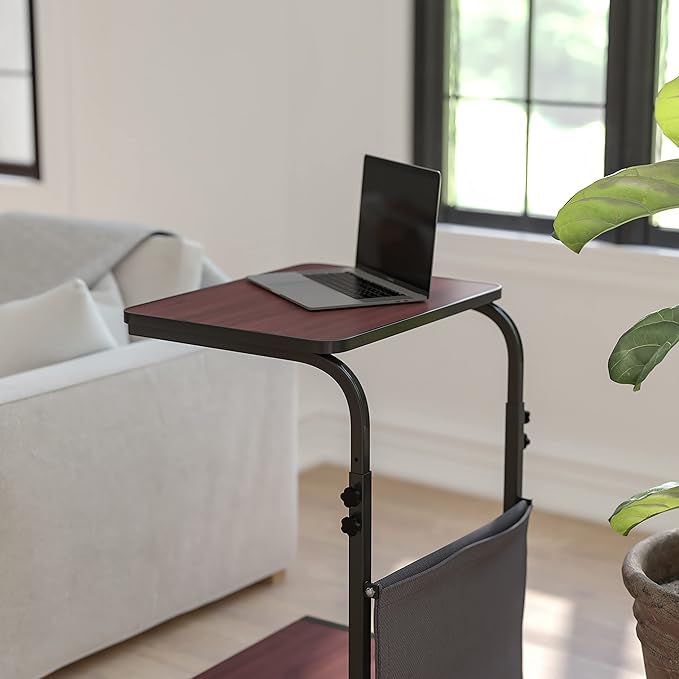 Flash Furniture Charger Mobile Sit-Down, Stand-Up Mahogany Computer Ergonomic Desk with Removable Pouch (Adjustable Range 27'' - 46.5'') - LeafyLoom