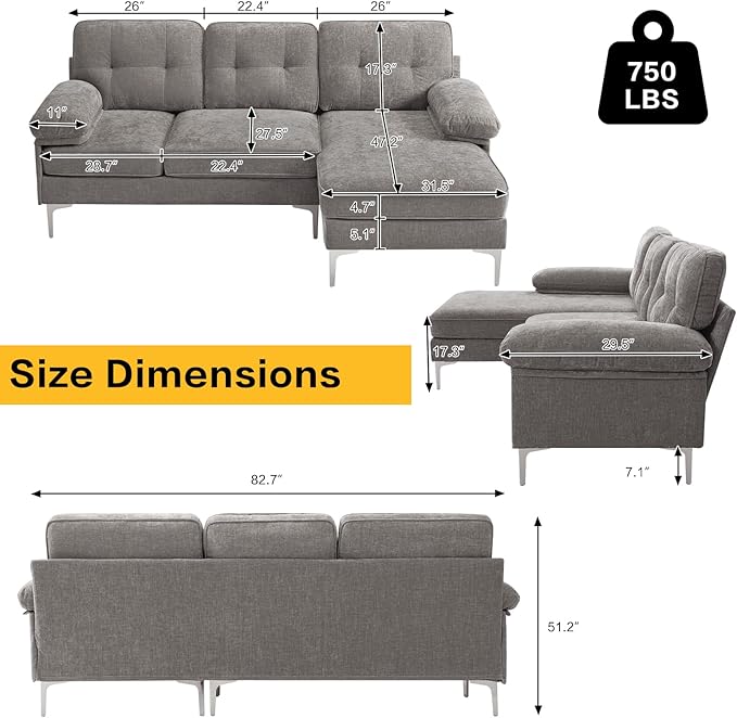 COHOME Convertible Sectional Sofa, 82-inch Modern Chenille L-Shaped Couch with Reversible Chaise Lounge,3-Seat Apartment Couch for Living Room with Washable Cover,Grey - LeafyLoom