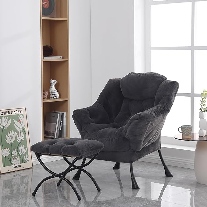 Lazy Chair with Ottoman, Modern Accent Chair Contemporary Lounge Leisure Upholstered Sofa Chair Set with Armrests, Reading Chair for Living Room, Bedroom, Office, Plush Navy - LeafyLoom