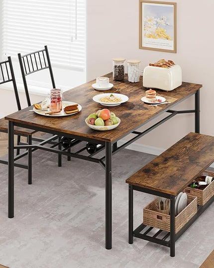 Dining Table Set for 4, Kitchen Table Chairs for 4 with Wine Rack, Dining Room Table Set with Sturdy Bench, Rectangular Kitchen Table Set for Small Space, Apartment, Studio, Rustic Brown - LeafyLoom