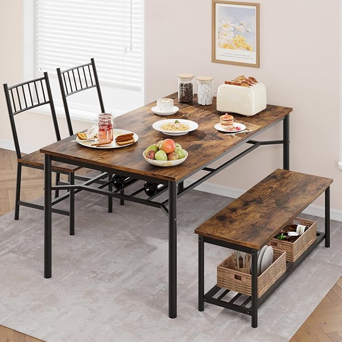 Dining Table Set for 4, Kitchen Table Chairs for 4 with Wine Rack, Dining Room Table Set with Sturdy Bench, Rectangular Kitchen Table Set for Small Space, Apartment, Studio, Rustic Brown - LeafyLoom