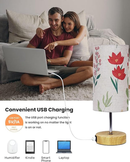 Touch Control Desk Lamp with 2 USB Ports, 3-Way Dimmable Bedside Lamp for Bedroom, Nightstand Lamp with Round Flower Fabric Shade for Living Room, Home Office (White-double) - LeafyLoom