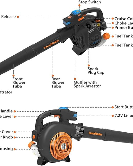 LawnMaster No-Pull Leaf Blower Gas-Powered with Electric Start Variable Speed & Cruise Control,26 cc 2-Cycle Engine, Class Leading 350CFM,200MPH, (NPTBL26A) - LeafyLoom