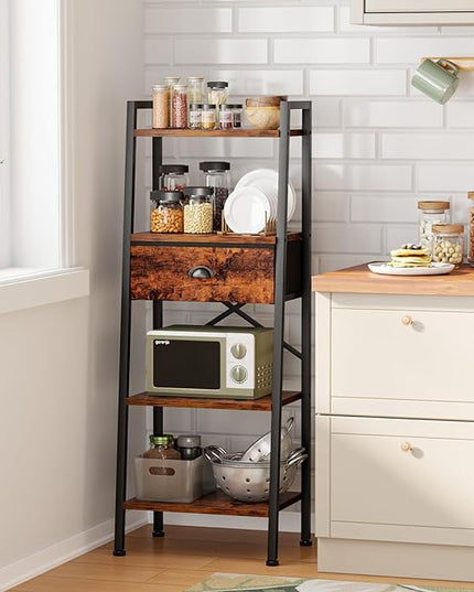 Furologee 4 Tier Ladder Shelf, Narrow Ladder Book Shelf with Drawer, Modern Bookcase Freestanding Shelf Units, Storage Shelves Organizer for Bedroom, Living Room, Bathroom, Home Office, Rustic Brown - LeafyLoom