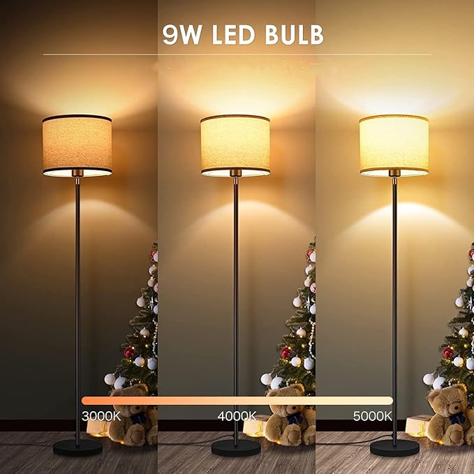 BoostArea Floor Lamps for Living Room Bedroom, 9W Modern Standing Lamp with 3 Color Temperature, Simple Floor Lamp, Beige Linen Shade, On/Off Foot Switch, Tall Pole Lamp for Office, Classroom, Den - LeafyLoom
