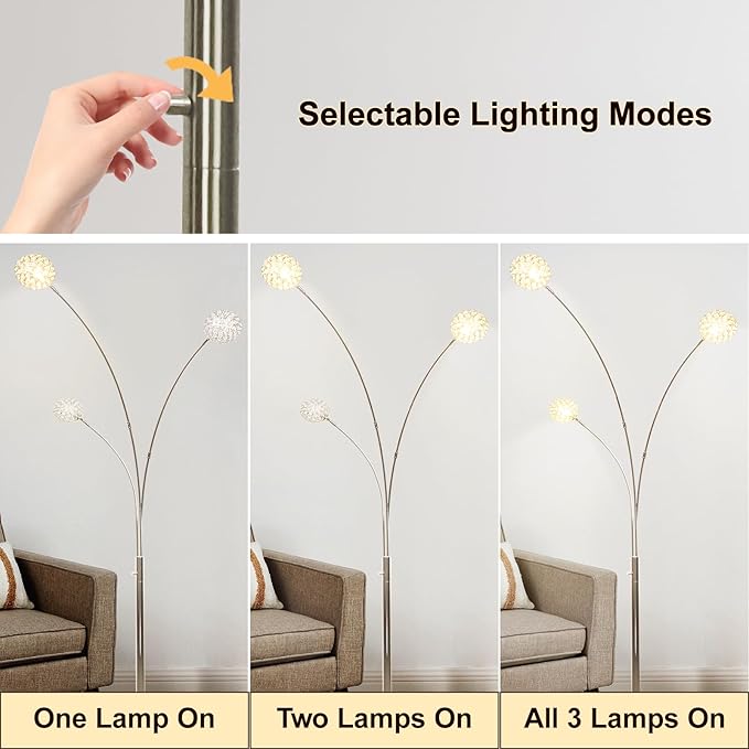 DLLT Floor Lamps for Living Room, 3-Light Chrome Arc Standing Lamp, 86.6" Modern Tall Tree Floor Lamp with Adjustable Arms, Multi-Head LED Floor Lamps for Bedroom, Study, Office, G9 Bulbs Included - LeafyLoom