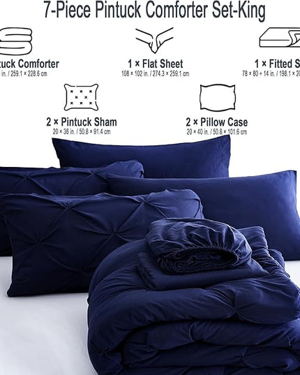 Ubauba 7pc Dark Blue King Comforter Set with Sheets, 7 Piece Pinch Pleating Bed in a Bag Royal Blue Bedding Comforters & Sets, Soft Fluffy Pintuck Bed Set (Navy,King) - LeafyLoom