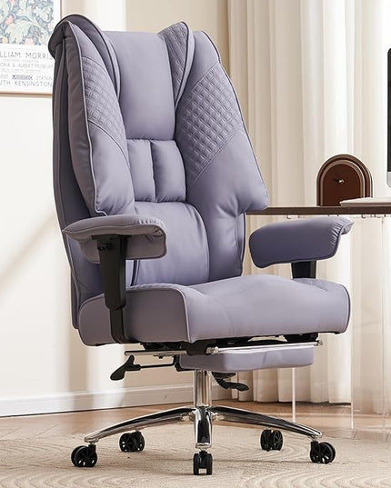 Big and Tall Office Chair 400lbs Wide Seat, Leather High Back Executive Office Chair with Foot Rest, Ergonomic Office Chair Lumbar Support for Lower Back Pain Relief (Light Purple) - LeafyLoom