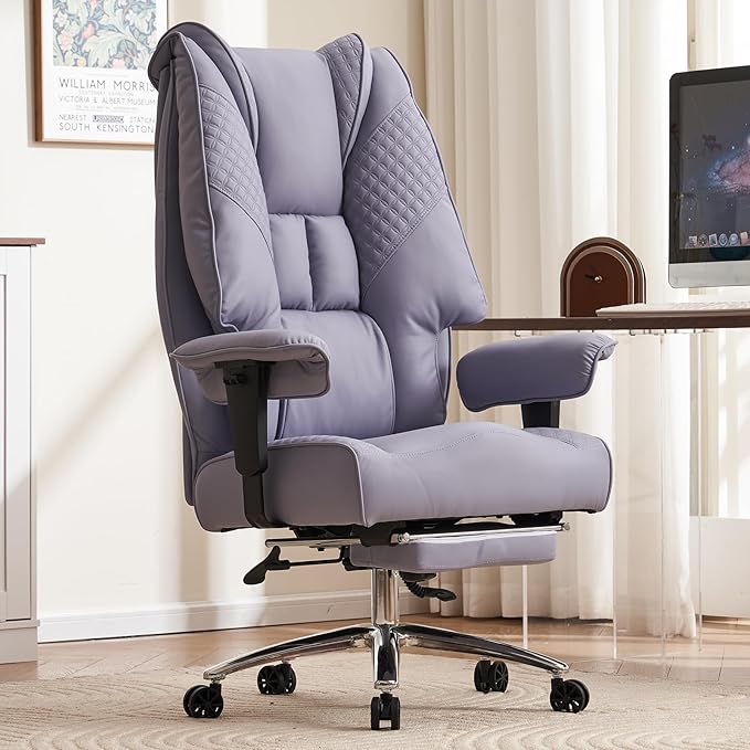 Big and Tall Office Chair 400lbs Wide Seat, Leather High Back Executive Office Chair with Foot Rest, Ergonomic Office Chair Lumbar Support for Lower Back Pain Relief (Light Purple) - LeafyLoom