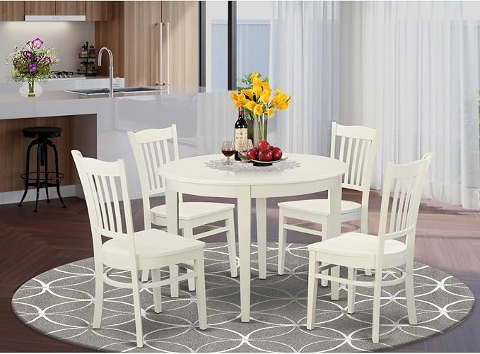 East West Furniture BOGR5-WHI-W Boston 5 Piece Room Furniture Set Includes a Round Kitchen Table and 4 Dining Chairs, Linen White, 42x42 Inch - LeafyLoom
