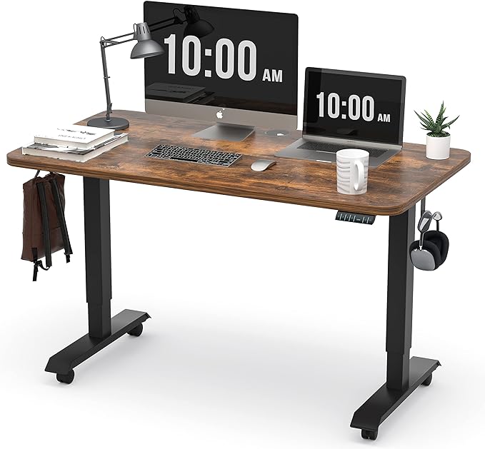 Monomi Electric Height Adjustable Standing Desk, 48x24 Inches, Ergonomic Home Office Sit/ Stand Up Desk (Black Steel Frame/Rustic Brown Top) - LeafyLoom