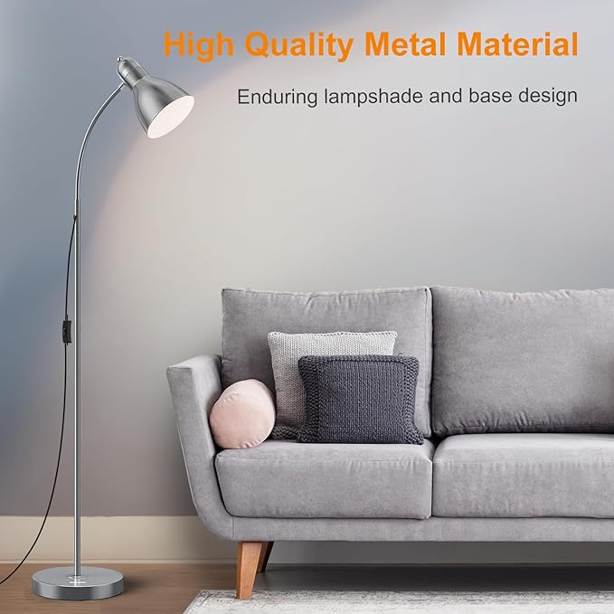 LEPOWER Floor Lamp, Metal Standing Lamp with Adjustable Gooseneck, Heavy Metal Base, Reading Pole Lamp for Office, Silver Floor Lamps for Bedroom, Living Room - LeafyLoom