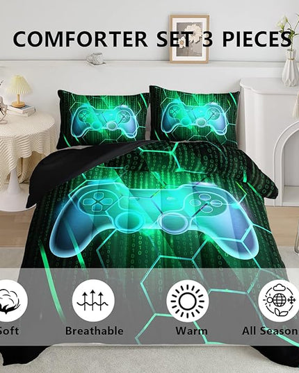 Axolotl Gamepad Comforter Set Twin Size,Number Video Gaming Gamer Bedding Set,Boys Game Console Comforter Set,Geometry Hexagonal Bedding Set for Teens Men Adults,1 Quilt 2 Pillowcases,Green Black - LeafyLoom