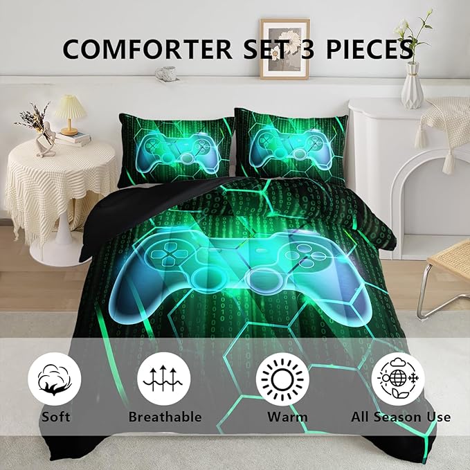 Axolotl Gamepad Comforter Set Queen Size,Number Video Gaming Gamer Bedding Set,Boys Game Console Comforter Set,Geometry Hexagonal Bedding Set for Teens Men Adults,1 Quilt 2 Pillowcases,Green Black - LeafyLoom