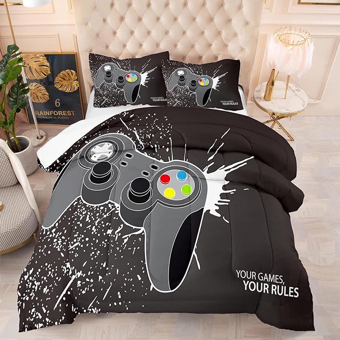 Gamer Bedding Sets for Boys Twin Size Gaming Comforter Sets for Kids Teens Ultra Soft Microfiber Material Video Game Bedroom Decor - LeafyLoom