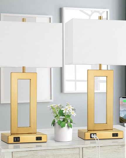 22’’ Table Lamps for Bedrooms Set of 2, Gold Bedside USB Desk Lamp with AC Outlet, Touch Control Modern Vintage Living Room Table Lamp for Nightstand End Table, 3-Way Dimming with 2 E26 Edison Bulbs - LeafyLoom