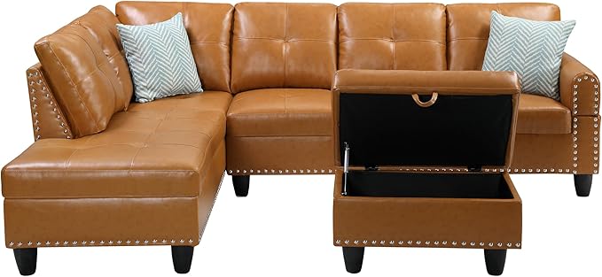 RITSU L Shape Sectional Sofa, Upholstered Corner Couch with Storage Ottoman, Reversible Backrest w/Cup Holder, 4 Seater, Faux Leather Tufted Cushions, for Living Room,Apartment, Ginger, 71 inch - LeafyLoom