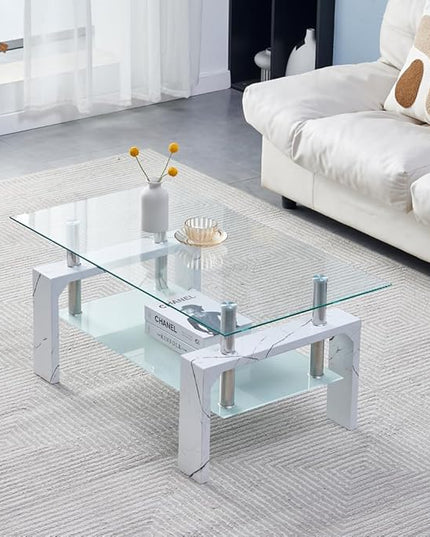 Living Room Rectangle Coffee Table, Tea Table Suitable for Waiting Room, Modern Side Coffee Table with Wooden Leg, Glass Tabletop with Lower Shelf, Marble - LeafyLoom