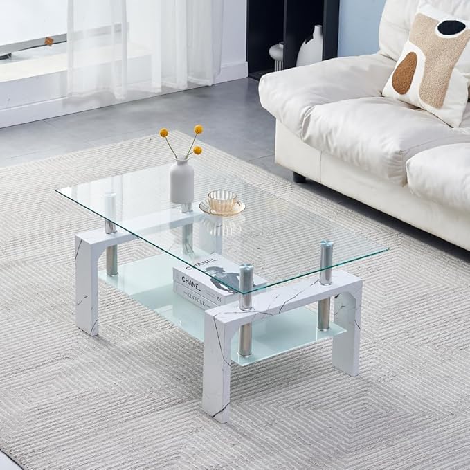 Living Room Rectangle Coffee Table, Tea Table Suitable for Waiting Room, Modern Side Coffee Table with Wooden Leg, Glass Tabletop with Lower Shelf, Marble - LeafyLoom