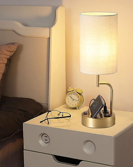 Dreamholder Table Lamp with 3 USB Charging Ports, Modern Desk Lamp with AC Outlet and Phone Stands, Perfect Bedside Lamp for Bedroom, Living Room, Office (Pack of 2), Gold - LeafyLoom