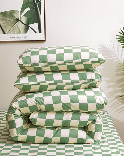 Green White Grid Comforter Set Twin Sage Green Plaid Bedding Set Girls Light Green White Checkered Bed Comforter Set Breathable Blanket Set Kids Durable Bedding Comforter Set - LeafyLoom