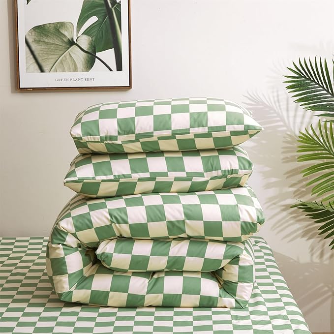 Green White Grid Comforter Set Twin Sage Green Plaid Bedding Set Girls Light Green White Checkered Bed Comforter Set Breathable Blanket Set Kids Durable Bedding Comforter Set - LeafyLoom