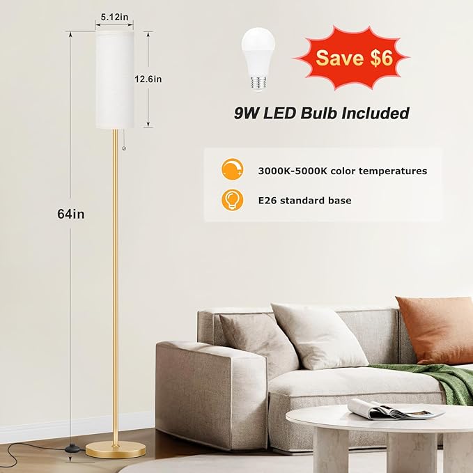 Ambimall Floor Lamp for Living Room with 3 Color Temperatures Bulb, 64" Standing lamp with Linen lampshade for Bedroom, Minimalist Pole Lamp, Beige Shade & Gold Pole - LeafyLoom