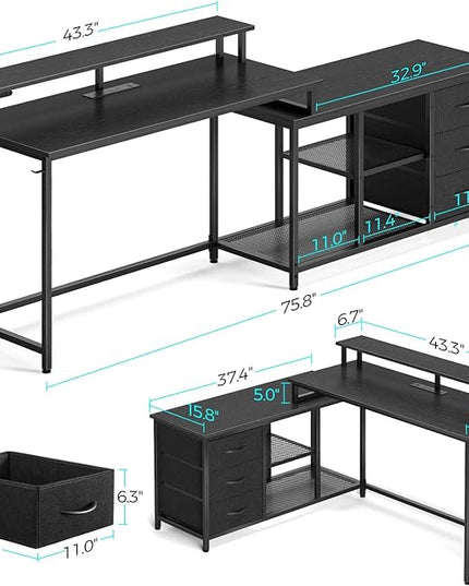 Seventable L Shaped Computer Desk with Drawers, Reversible Gaming Desk with LED Lights & Charging Port, Corner Desk with Storage Shelves & Monitor Stand for Home Office Black - LeafyLoom