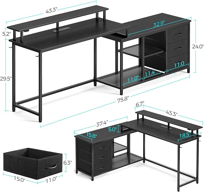 Seventable L Shaped Computer Desk with Drawers, Reversible Gaming Desk with LED Lights & Charging Port, Corner Desk with Storage Shelves & Monitor Stand for Home Office Black - LeafyLoom