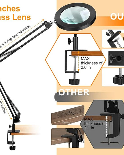 Large 10X Magnifying Glass with Light, 5 in Real Glass Stand Lighted Magnifier, 3 Color Modes Steepless Dimmable LED Magnifying Desk Lamp with Clamp, Hands Free for Close Work Crafts Hobby - LeafyLoom