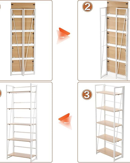 No-Assembly Folding Bookshelf Storage Shelves 5 Tiers Foldable Vintage Multifunctional Plant Flower Stand Storage Rack Shelves Bookcase for Home Office, White - LeafyLoom