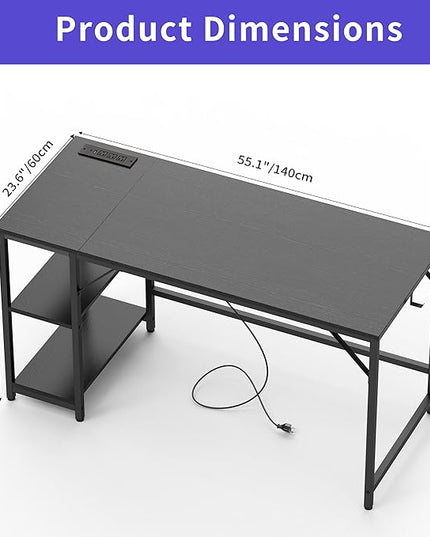 Computer Desk, 55 inches desk with 2 Shelves, Home Office Desk with USB/Type-C Charging Ports & Power Outlets, Study Table for Adults, Black - LeafyLoom