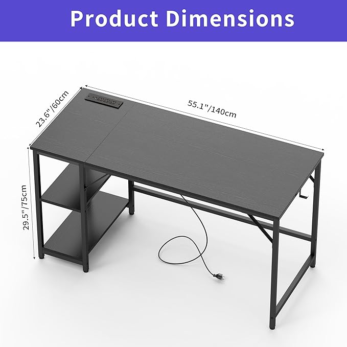 Computer Desk, 55 inches desk with 2 Shelves, Home Office Desk with USB/Type-C Charging Ports & Power Outlets, Study Table for Adults, Black - LeafyLoom