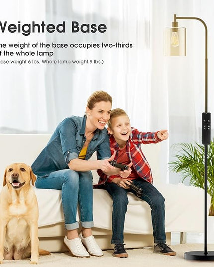 PAZZO LED Floor Lamp, Industrial Standing Lamp with Glass Lampshade, Ideal for Living Room, Bedroom, and Office, Matte Black Finish (includes Remote Control) - LeafyLoom