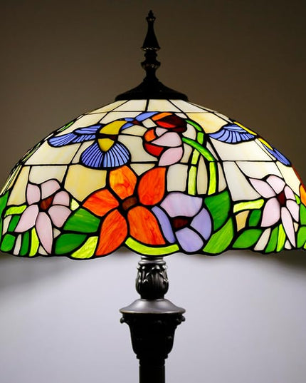 WERFACTORY Tiffany Floor Lamp Hummingbird Amber Stained Glass Standing Reading Light 16X16X64 Inches Antique Pole Corner Lamp Decor Bedroom Living Room Home Office S101 Series - LeafyLoom