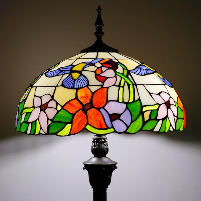 WERFACTORY Tiffany Floor Lamp Hummingbird Amber Stained Glass Standing Reading Light 16X16X64 Inches Antique Pole Corner Lamp Decor Bedroom Living Room Home Office S101 Series - LeafyLoom