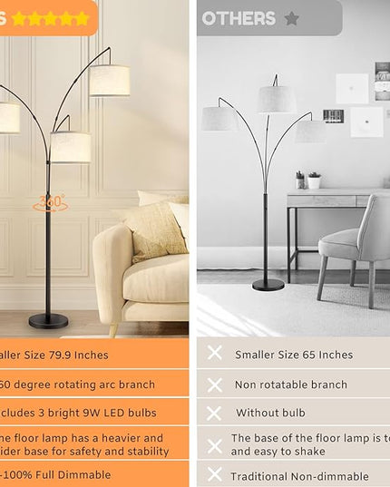 Dimmable Arc Floor Lamps for Living Room-Modern 3 Lights Floor Lamp, Mid Century Tall Standing Reading Lamp with Heavy Base 360° Adjustable Hanging Beige Shades for Bedroom Office Include Bulbs - LeafyLoom