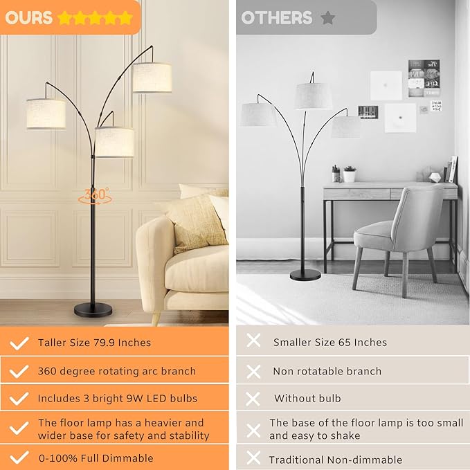Dimmable Arc Floor Lamps for Living Room-Modern 3 Lights Floor Lamp, Mid Century Tall Standing Reading Lamp with Heavy Base 360° Adjustable Hanging Beige Shades for Bedroom Office Include Bulbs - LeafyLoom