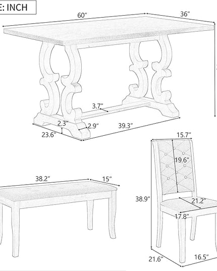 Solid Wood, Kitchen Dining, 6-Piece Retro Dinette Set with Unique-Designed Table Legs and Foam-Covered Seat Backs & Cushions for Living Room, Gray Wash - LeafyLoom