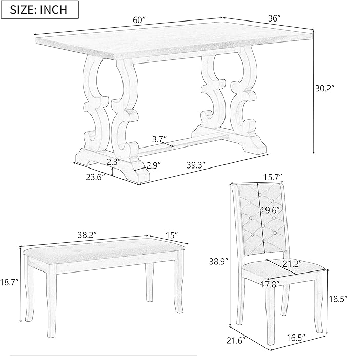 Solid Wood, Kitchen Dining, 6-Piece Retro Dinette Set with Unique-Designed Table Legs and Foam-Covered Seat Backs & Cushions for Living Room, Gray Wash - LeafyLoom