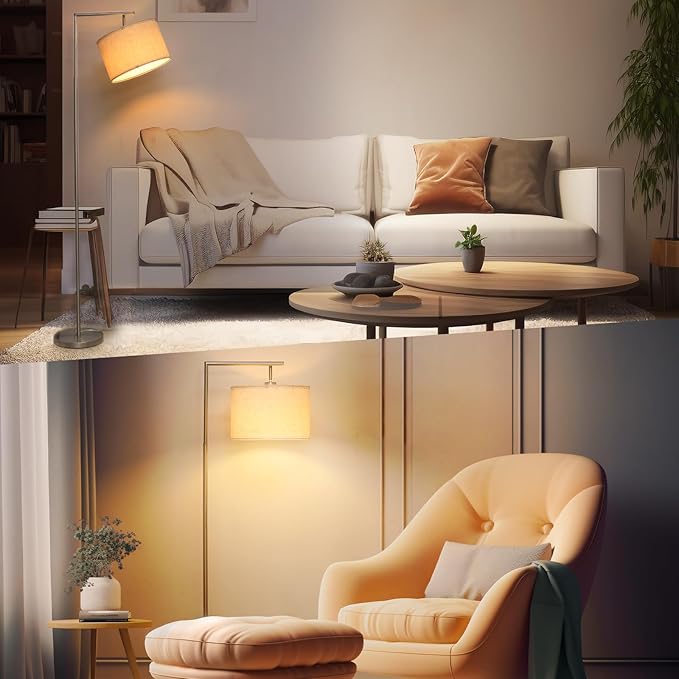 FAGUANGAO Silver Floor Lamp with 3 Color Tempratures LED Bulb, Modern Standing Lamp with Hanging Drum Shade for Living Room, Bedroom, Study Room, Office(Bulb Included) - LeafyLoom